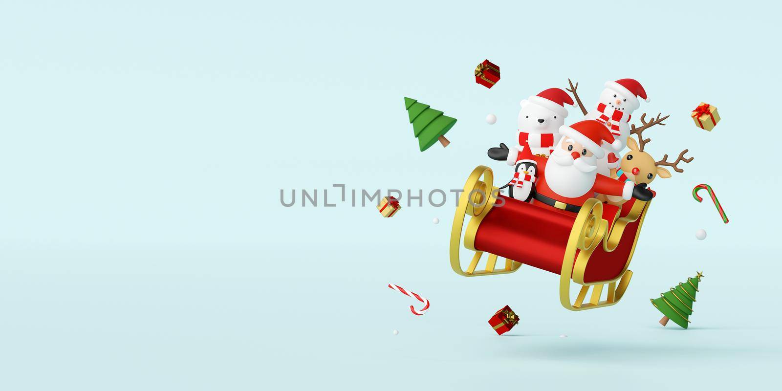 Merry Christmas and Happy New Year, Santa Claus and friend in a sleigh with Christmas decoration, 3d rendering