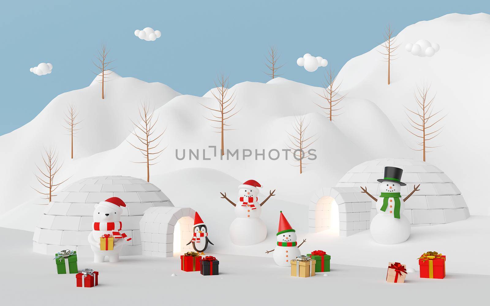 Merry Christmas and Happy New Year, Christmas celebration at the snow mountain, 3d rendering by nutzchotwarut