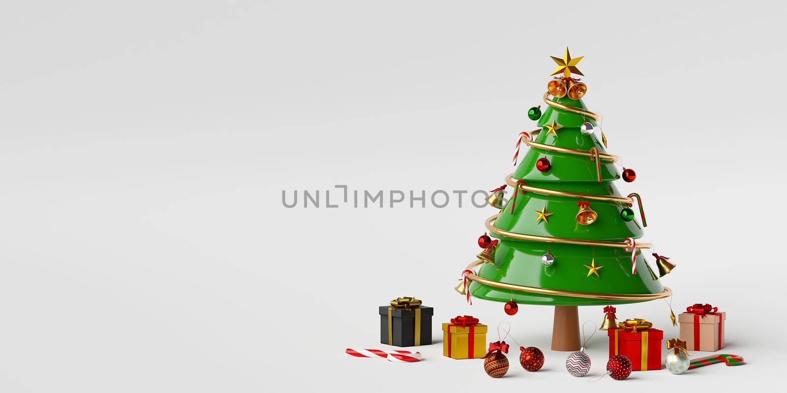 Merry Christmas and Happy New Year, Christmas tree with gifts and Christmas decorations, 3d rendering