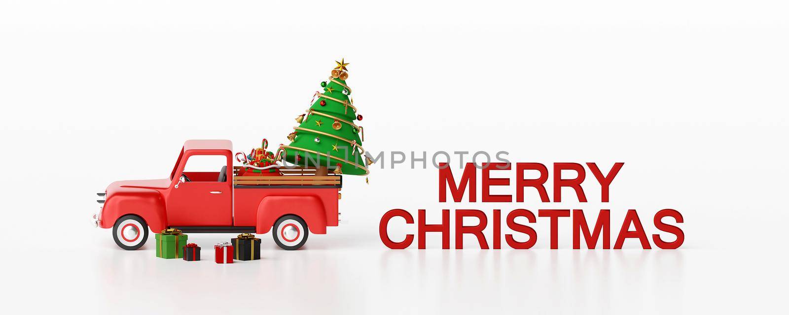 Christmas banner background of Christmas truck and gifts with text Merry Christmas, 3d rendering by nutzchotwarut