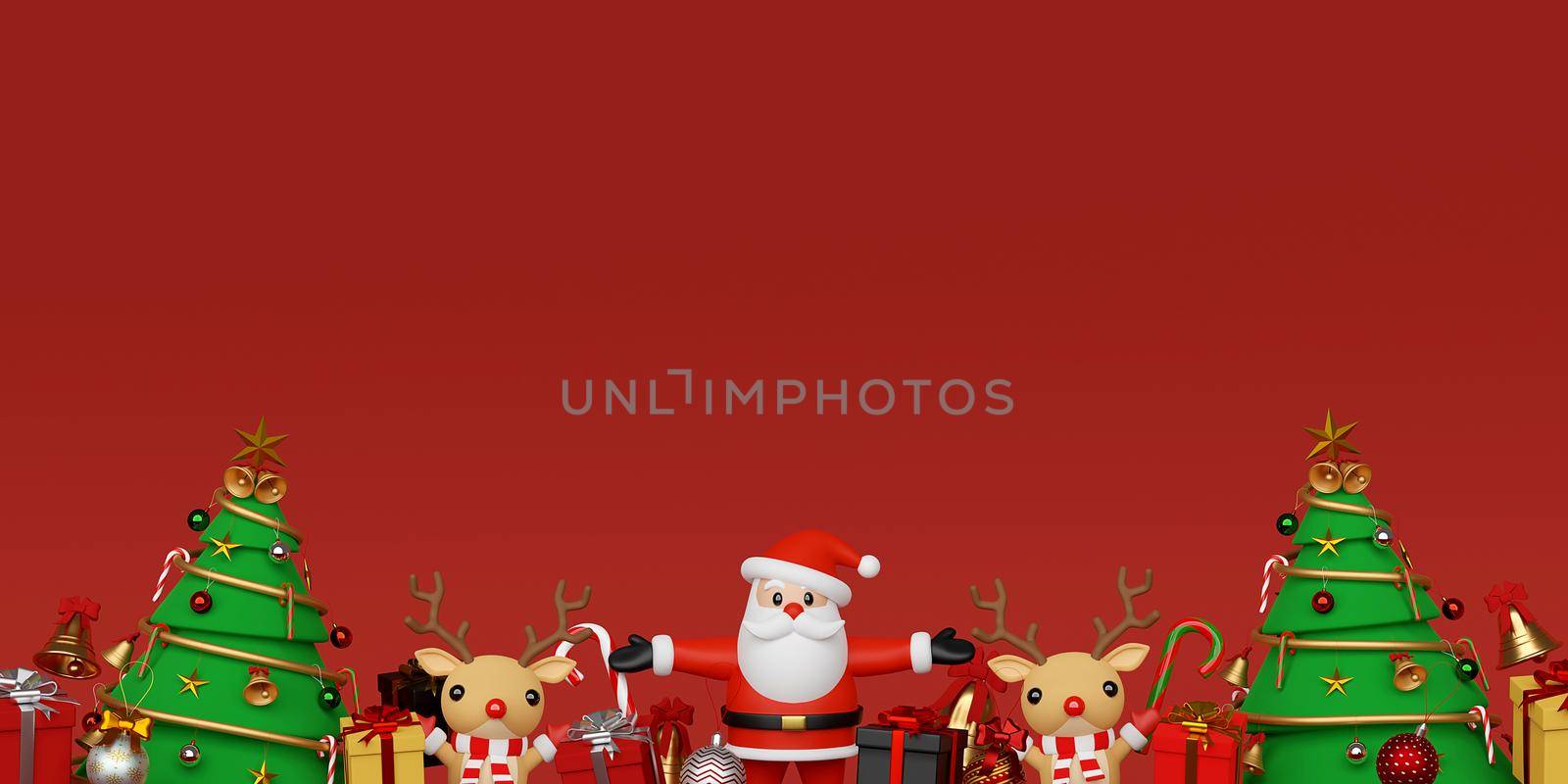 Merry Christmas and Happy New Year, Background of Santa Claus and reindeer with Christmas gifts, 3d rendering by nutzchotwarut