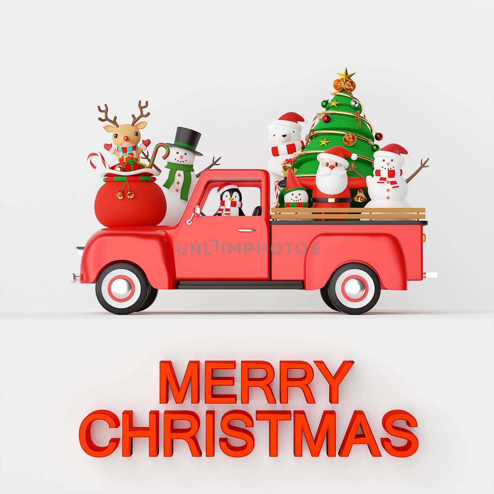 Merry Christmas and Happy New Year, Christmas celebration with Santa Claus and friends on Christmas truck, 3d rendering by nutzchotwarut