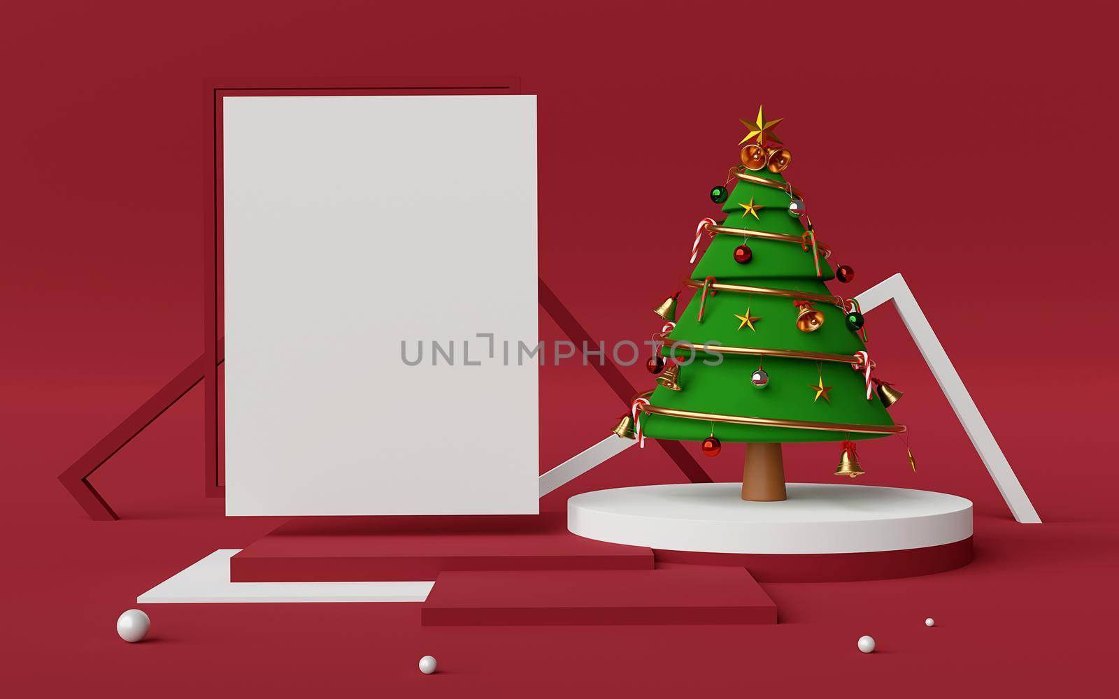 Merry Christmas and Happy New Year, Scene of Podium and copy space with Christmas tree, 3d rendering by nutzchotwarut