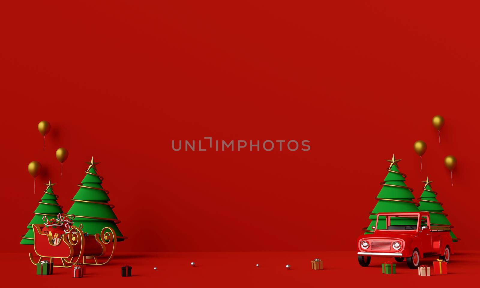 Merry Christmas and Happy New Year, Scene of Christmas truck full of Christmas gifts and sleigh with copy space, 3d rendering