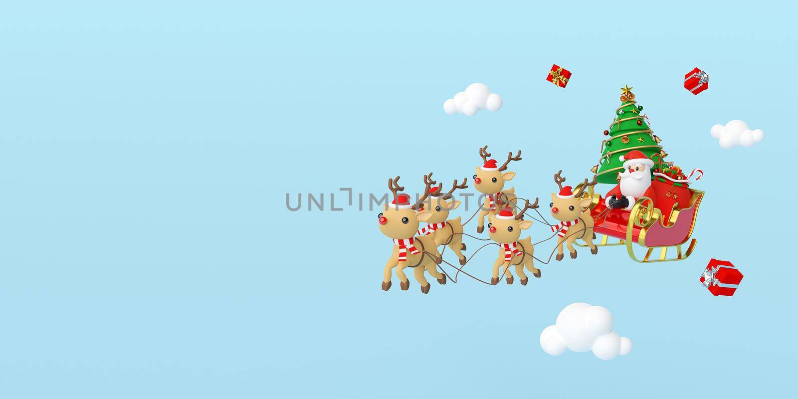 Scene of Santa Claus on a sleigh full of Christmas gifts and pulled by reindeer, 3d rendering