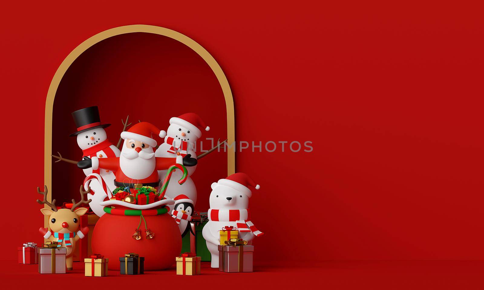 Merry Christmas and Happy New Year, Scene of Santa Claus and friends with copy space, 3d rendering by nutzchotwarut