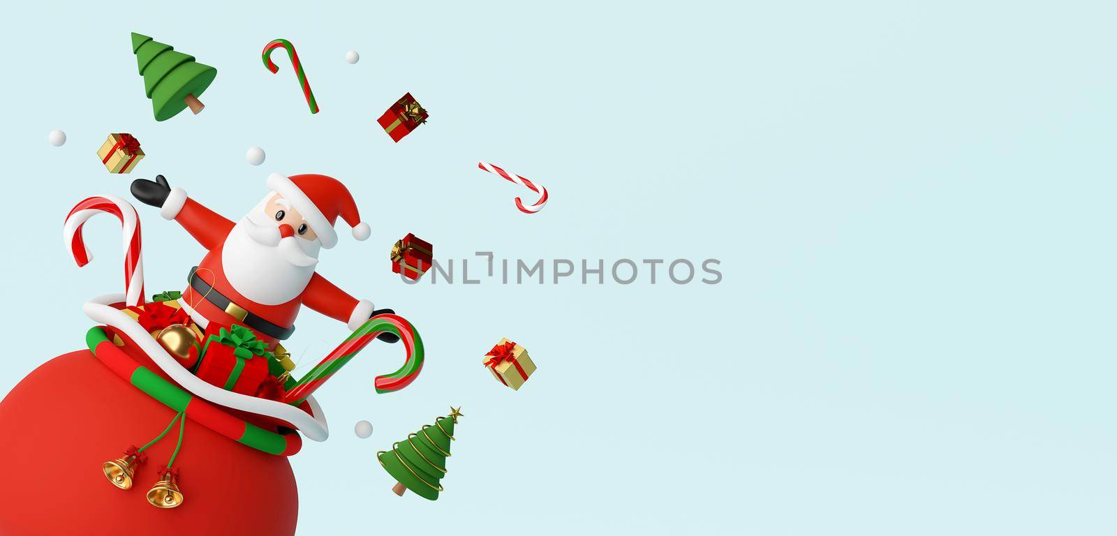 Merry Christmas and Happy New Year, Santa Claus pop out of the gift bag, 3d rendering by nutzchotwarut