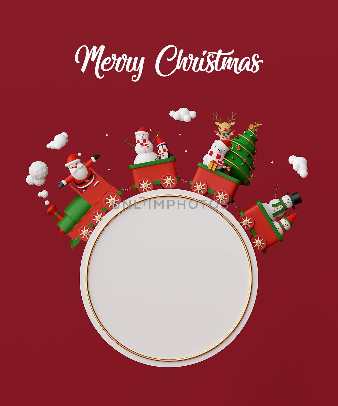 Merry Christmas and Happy New Year, Santa Claus and friends on Christmas train, 3d rendering