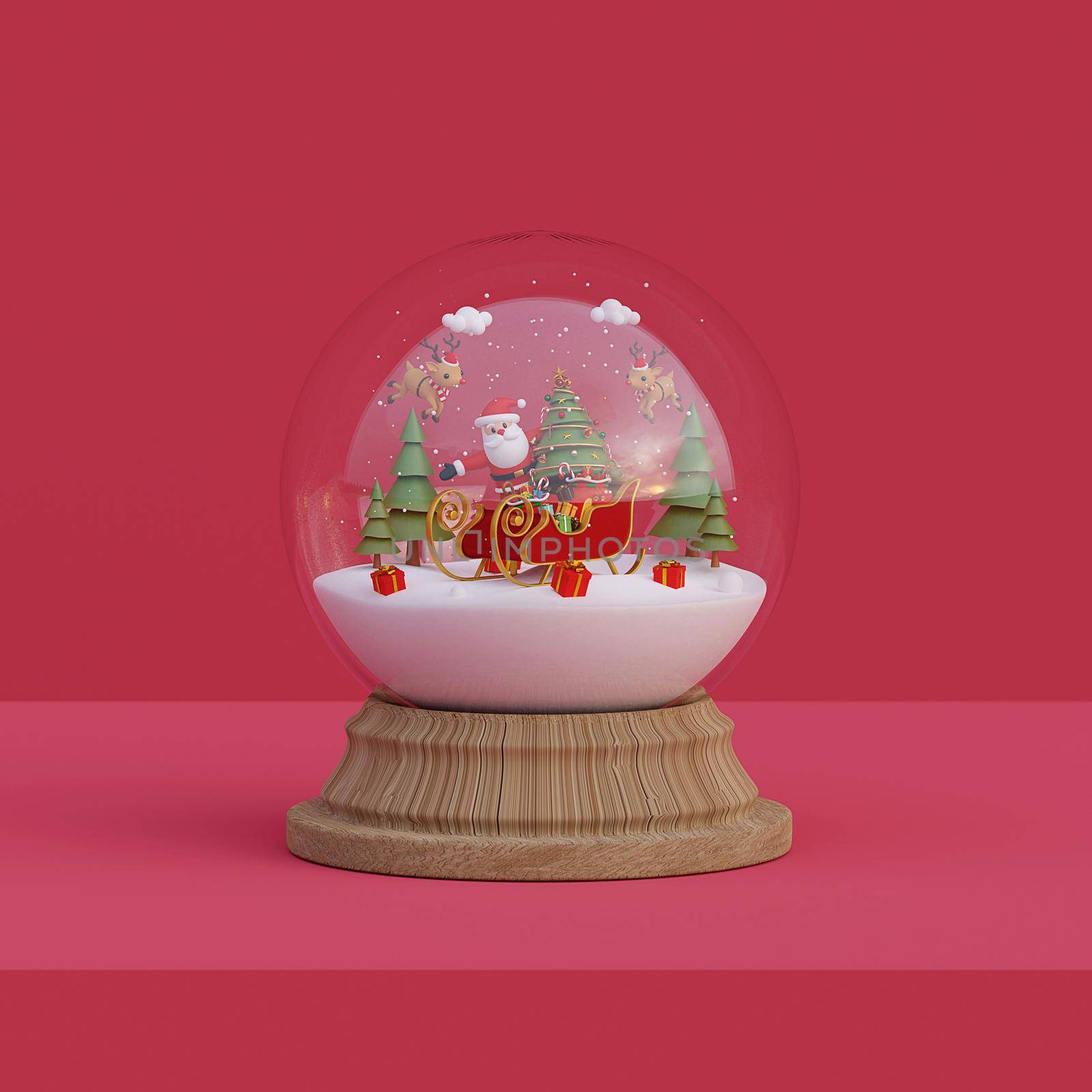 Merry Christmas and Happy New Year, Santa Claus with sleigh and reindeer in a snow globe, 3d rendering