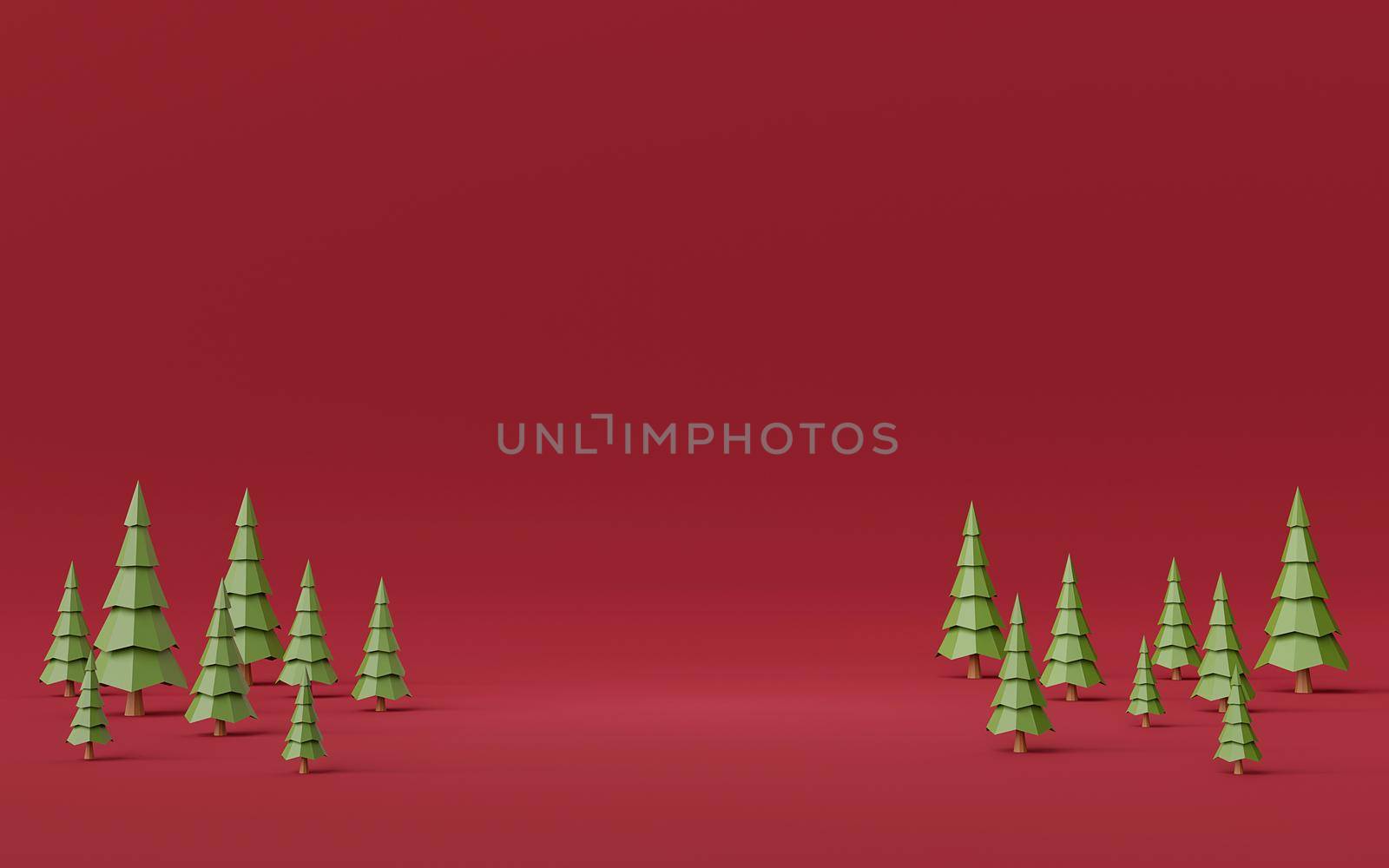 Scene of red background blank space with pine forest, 3d rendering