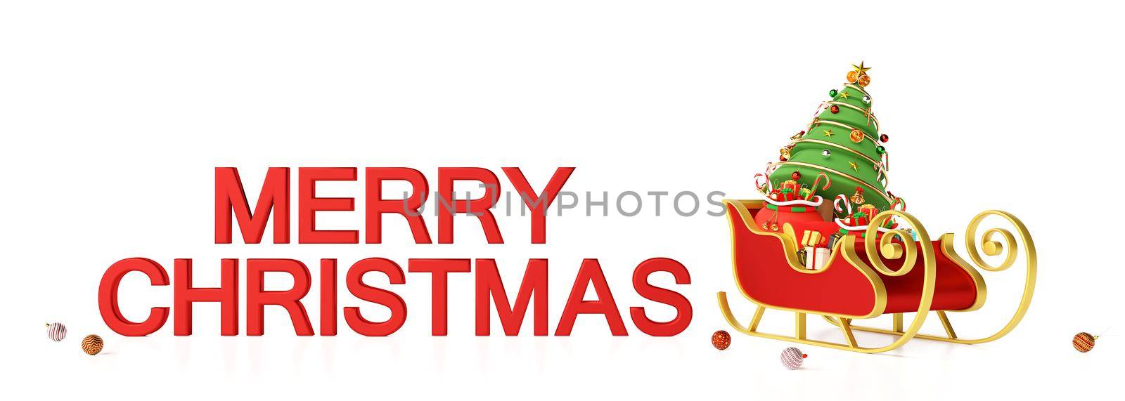 Christmas banner background of sleigh and gifts with text Merry Christmas, 3d rendering