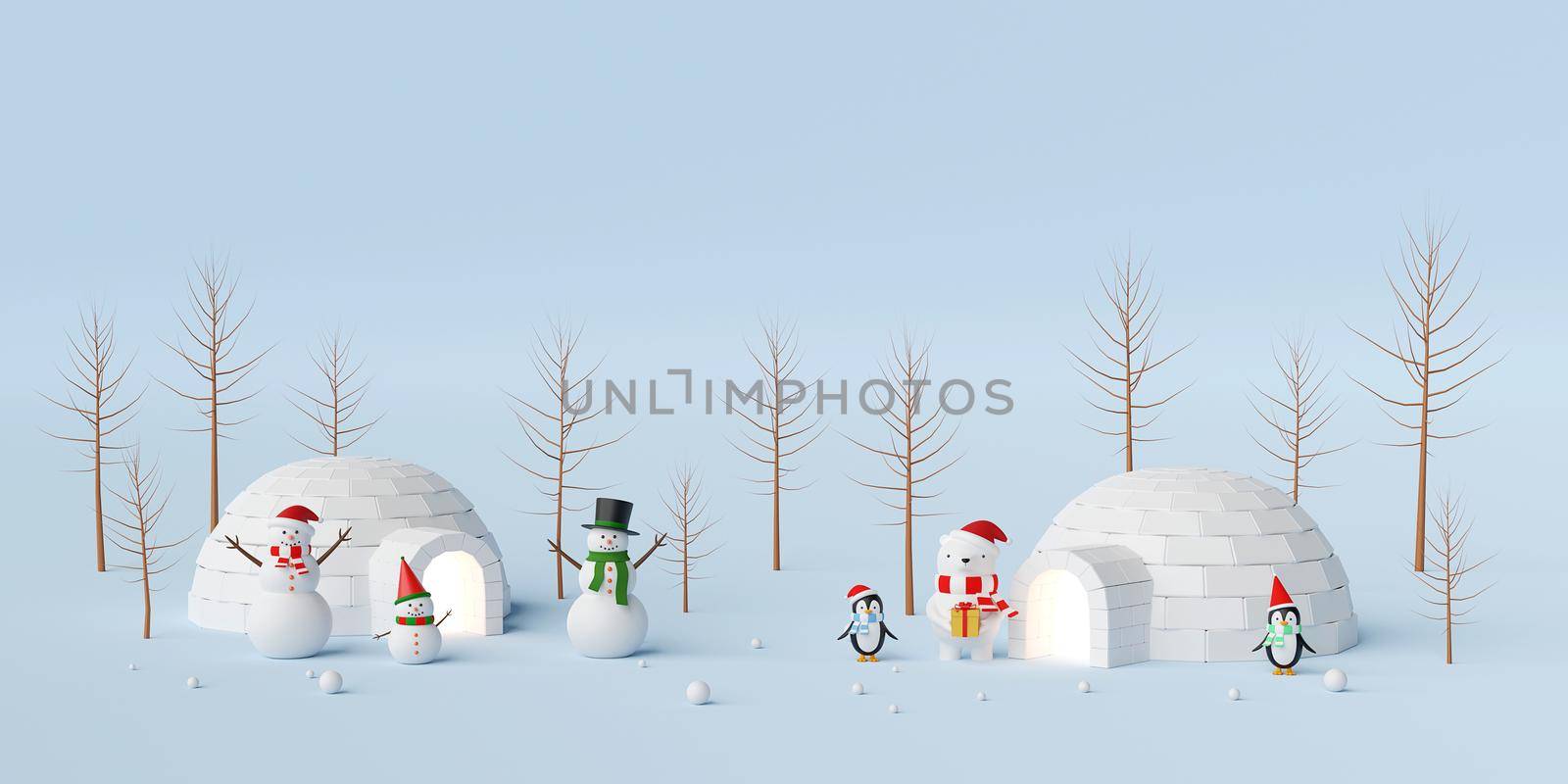 Merry Christmas and Happy New Year, Christmas banner of snowman and friend with igloo, 3d rendering