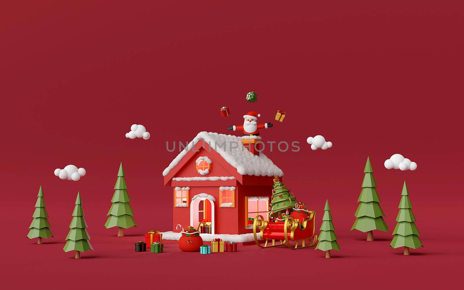 Merry Christmas and Happy New Year, Red house in the pine forest with Santa Claus in chimney, 3d rendering by nutzchotwarut