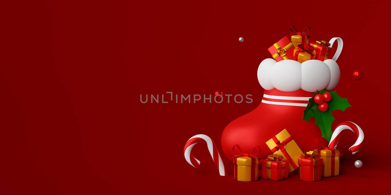 Christmas banner of Christmas sock with gift, 3d illustration