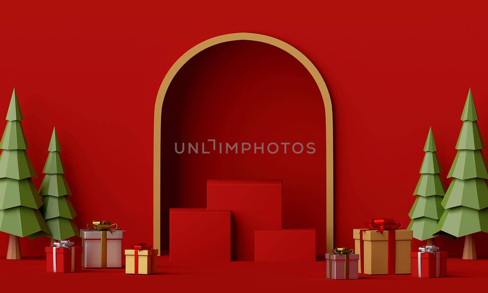 Merry Christmas and Happy New Year, Scene of red podium with Christmas gift, 3d rendering