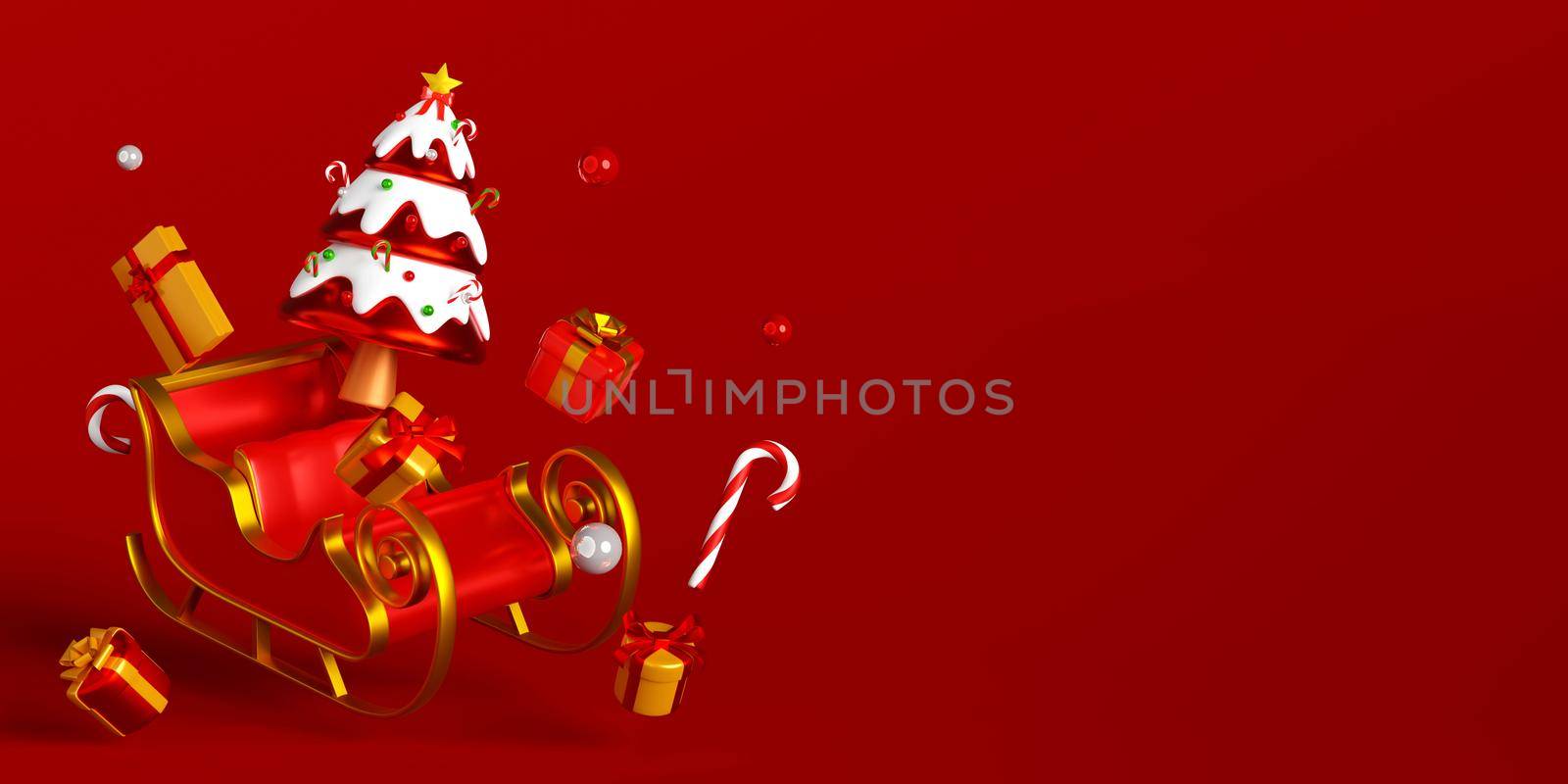 3d illustration banner of sleigh with Christmas ornaments on red background