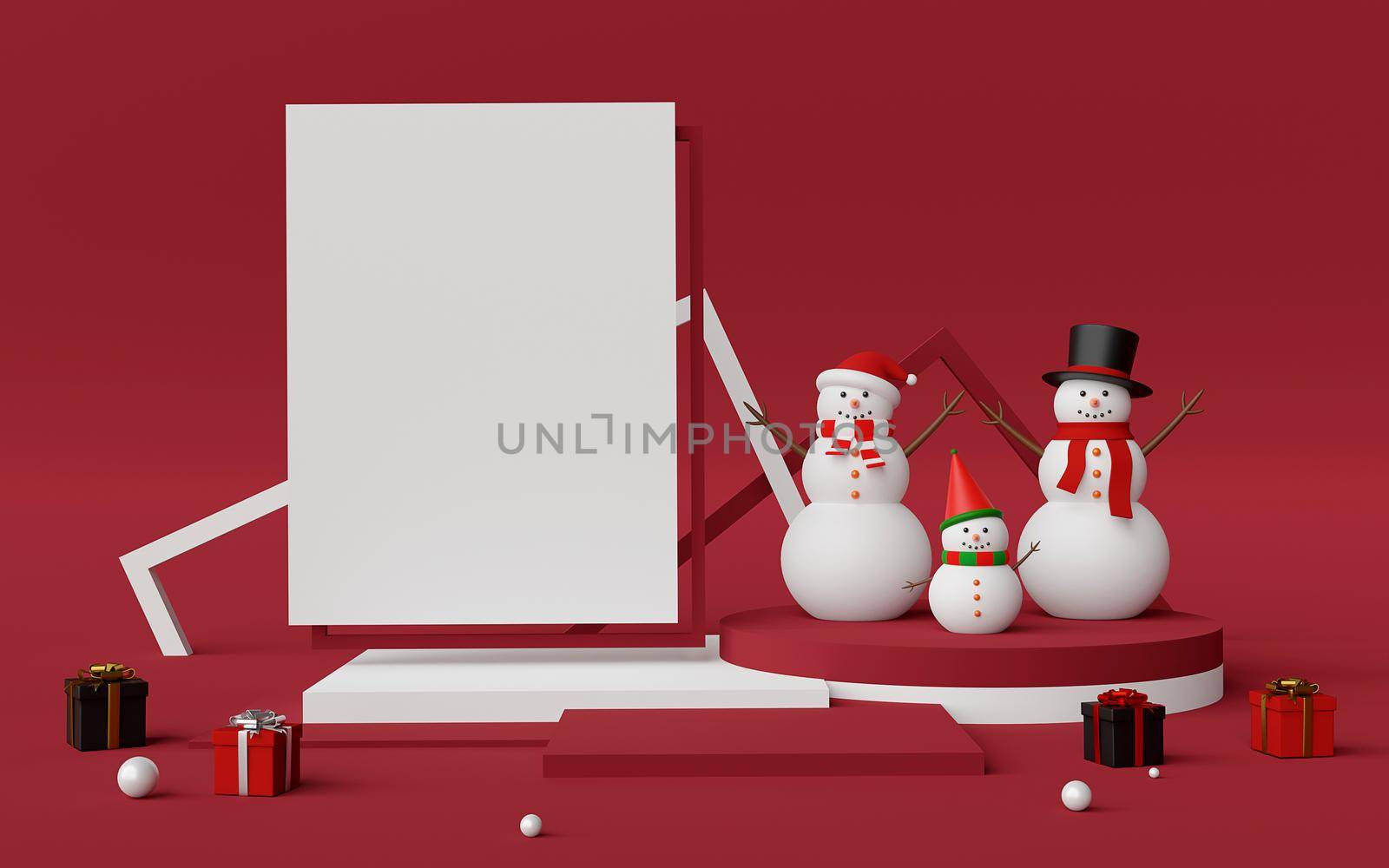 Merry Christmas and Happy New Year, Scene of Podium and copy space with Snowman, 3d rendering











