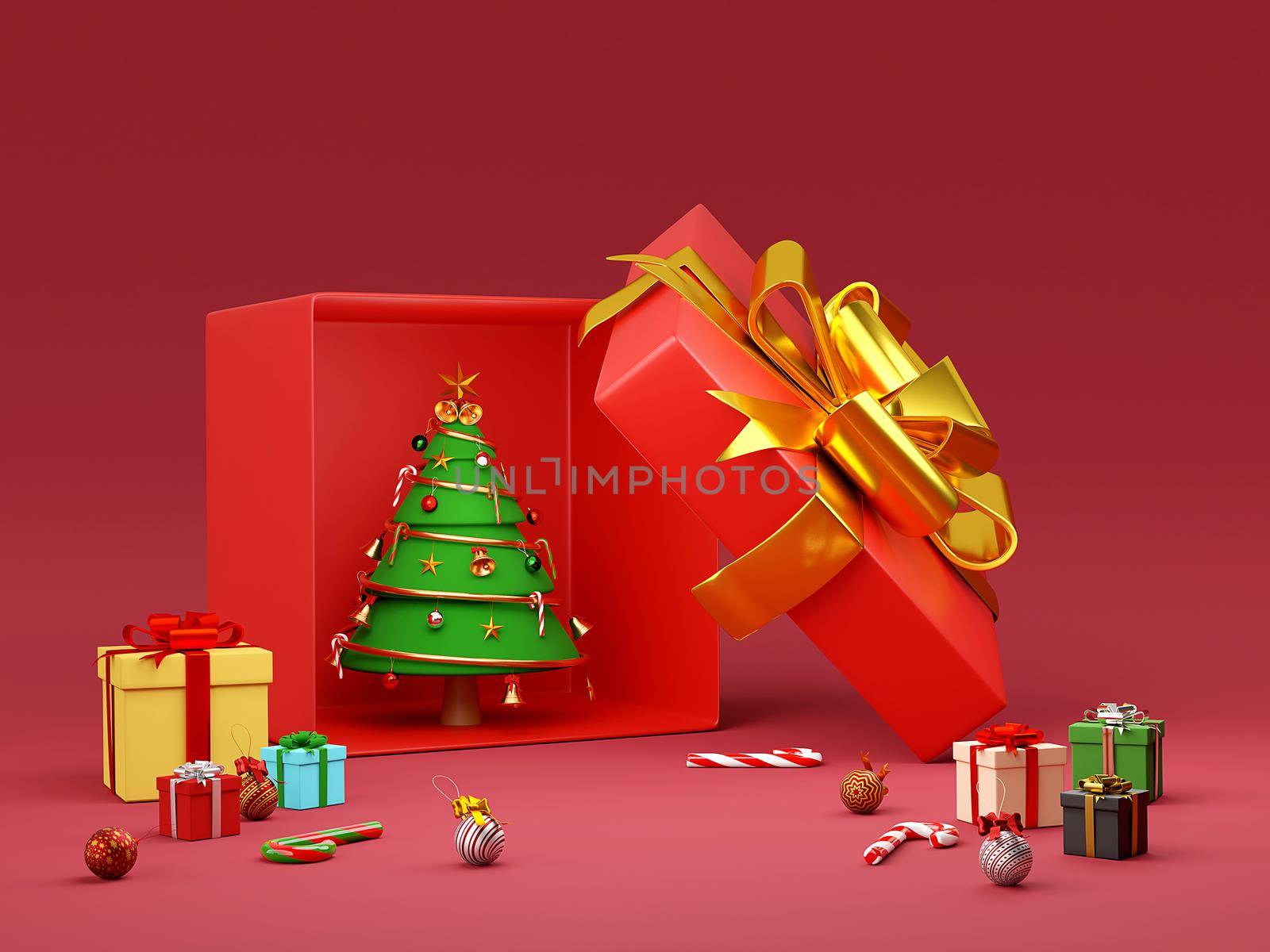 Merry Christmas and Happy New Year, Christmas tree in gift box with Christmas ornament, 3d rendering