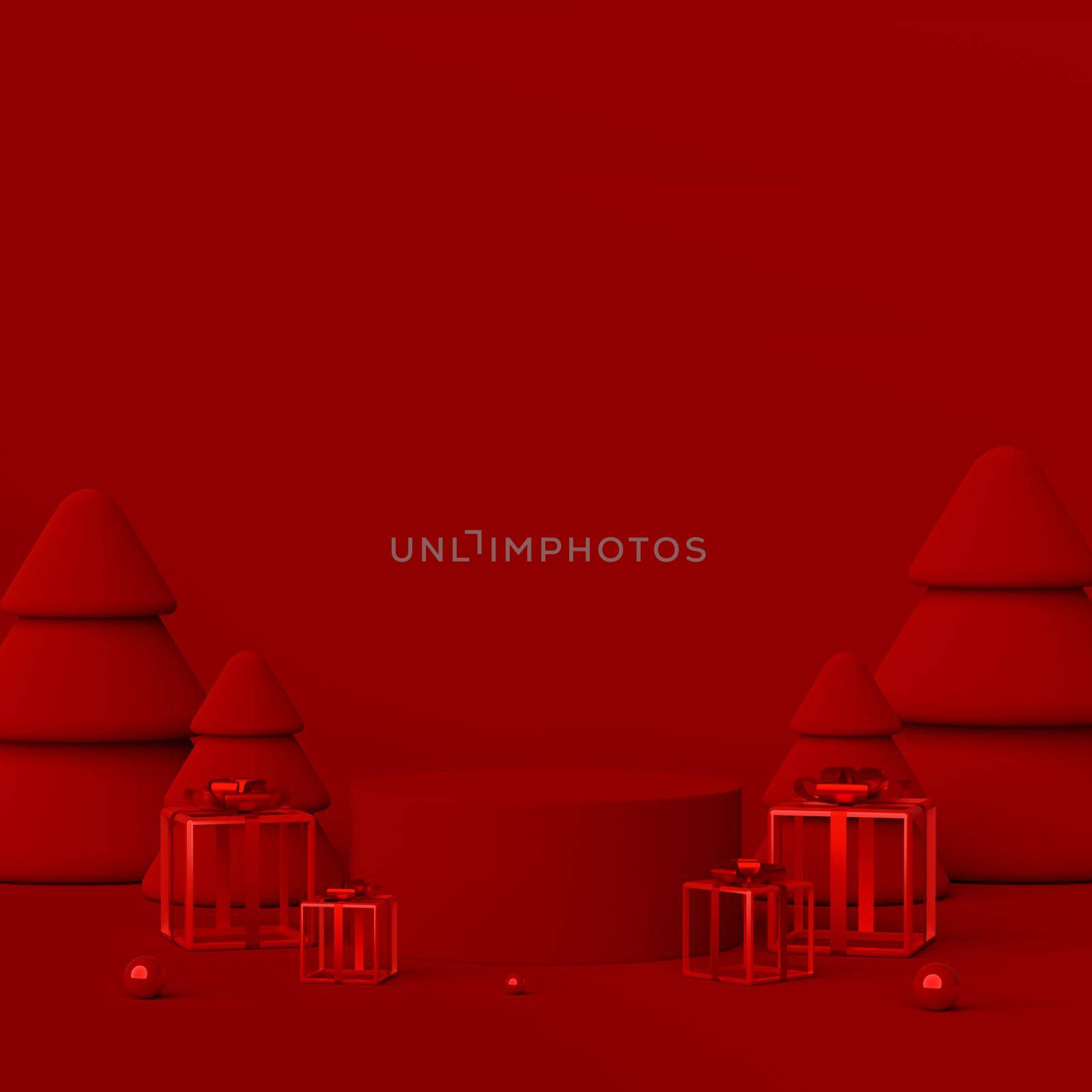 Merry Christmas and Happy New Year, Scene of red podium and Christmas gift, 3d illustration by nutzchotwarut