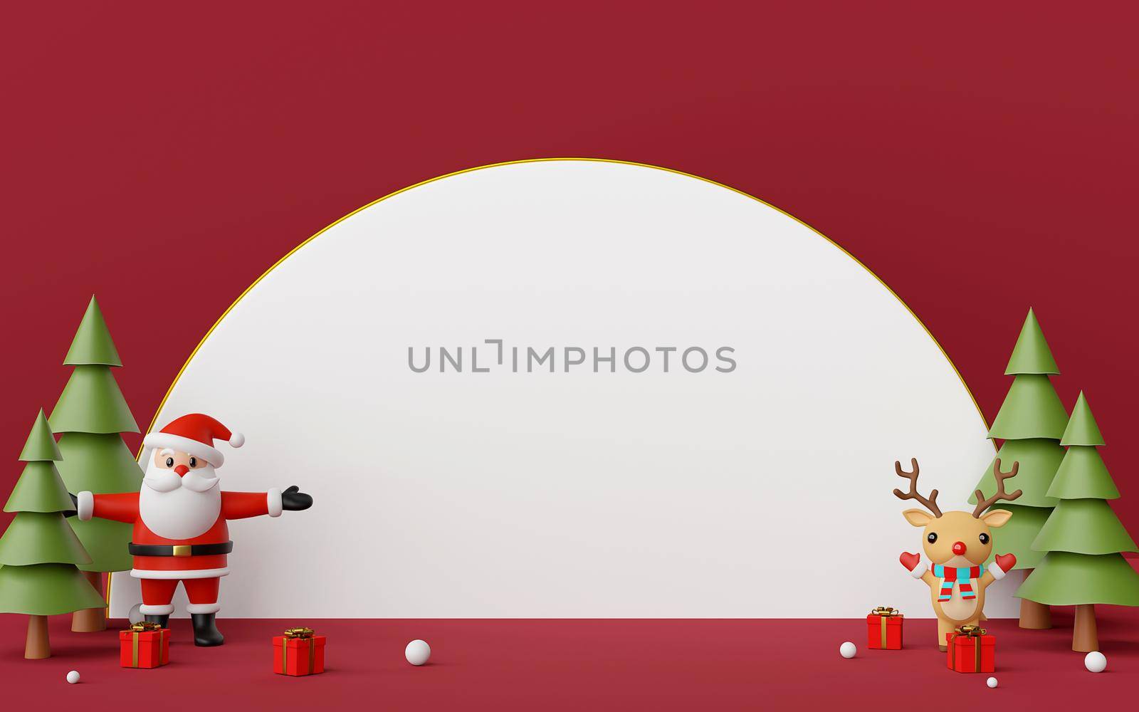 Merry Christmas and Happy New Year, Santa Claus and reindeer with copy space , 3d rendering