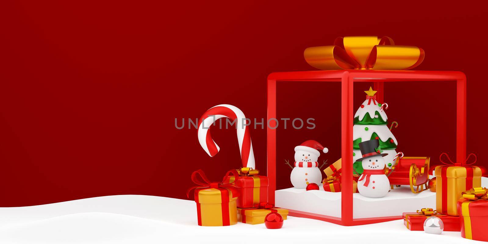 Snowman and Christmas tree within gift box, 3d illustration by nutzchotwarut