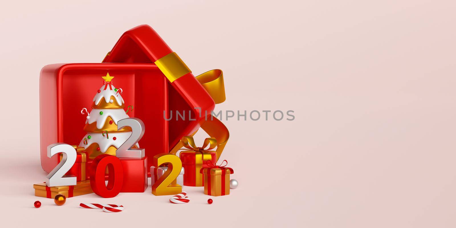 Merry Christmas and Happy New Year, Christmas tree in gift box with Christmas ornament, 3d illustration