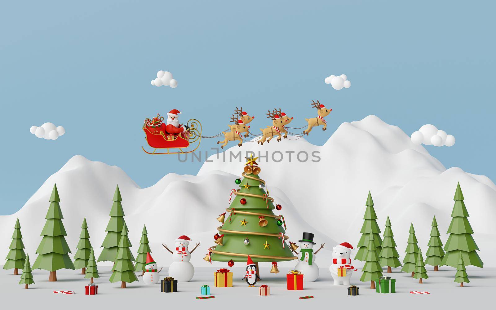 Merry Christmas and Happy New Year, Scene of Christmas celebration with Santa Claus and friend at the snow mountain, 3d rendering by nutzchotwarut