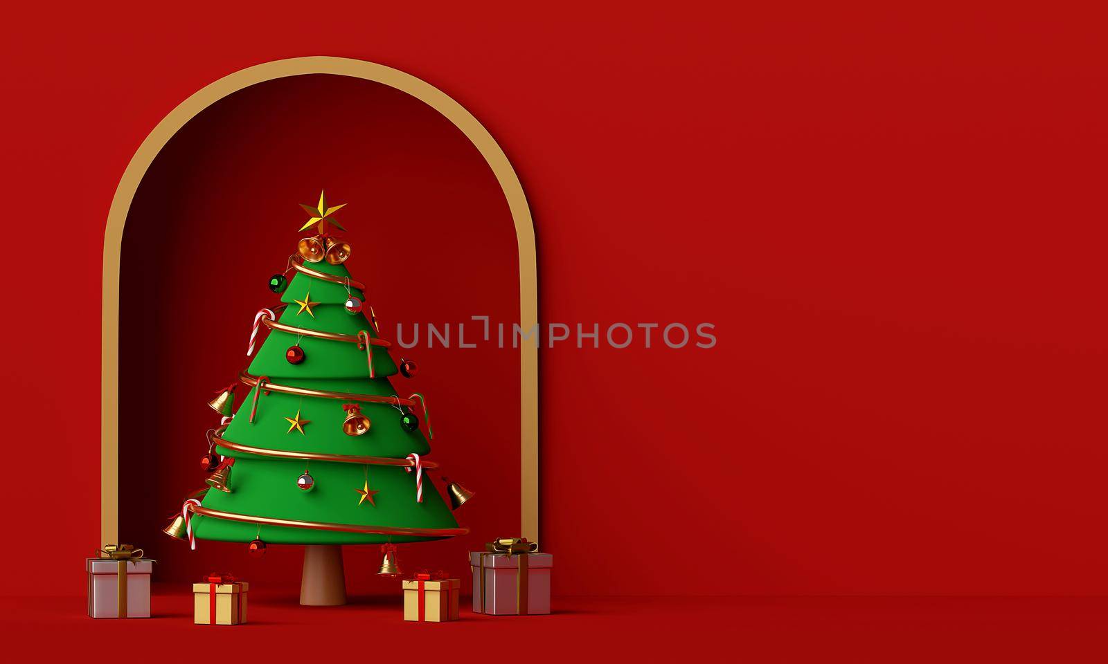 Merry Christmas and Happy New Year, Scene of Christmas tree and gift with copy space, 3d rendering