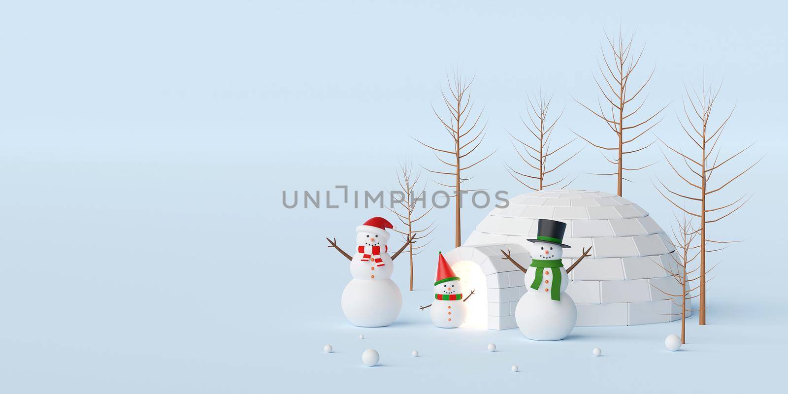 Merry Christmas and Happy New Year, Christmas banner with snowman and igloo, 3d rendering