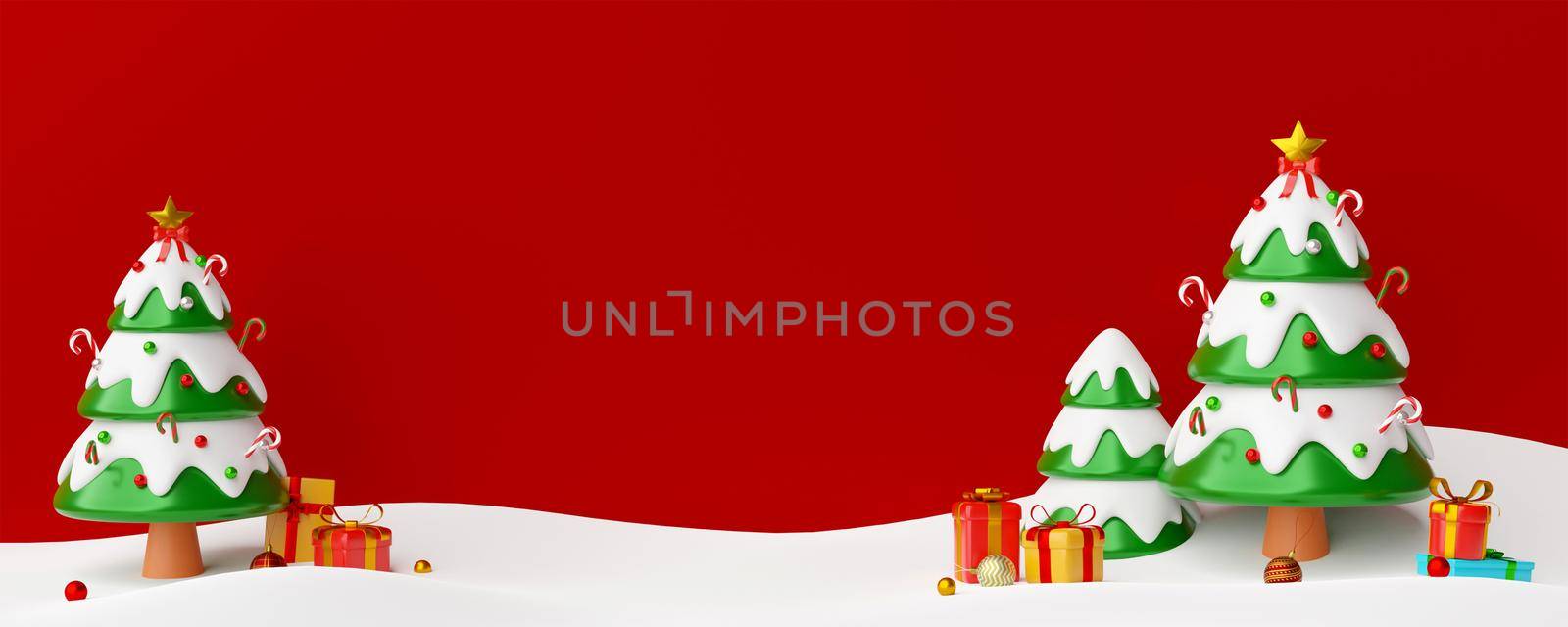Christmas banner postcard scene of Christmas tree with presents, 3d illustration