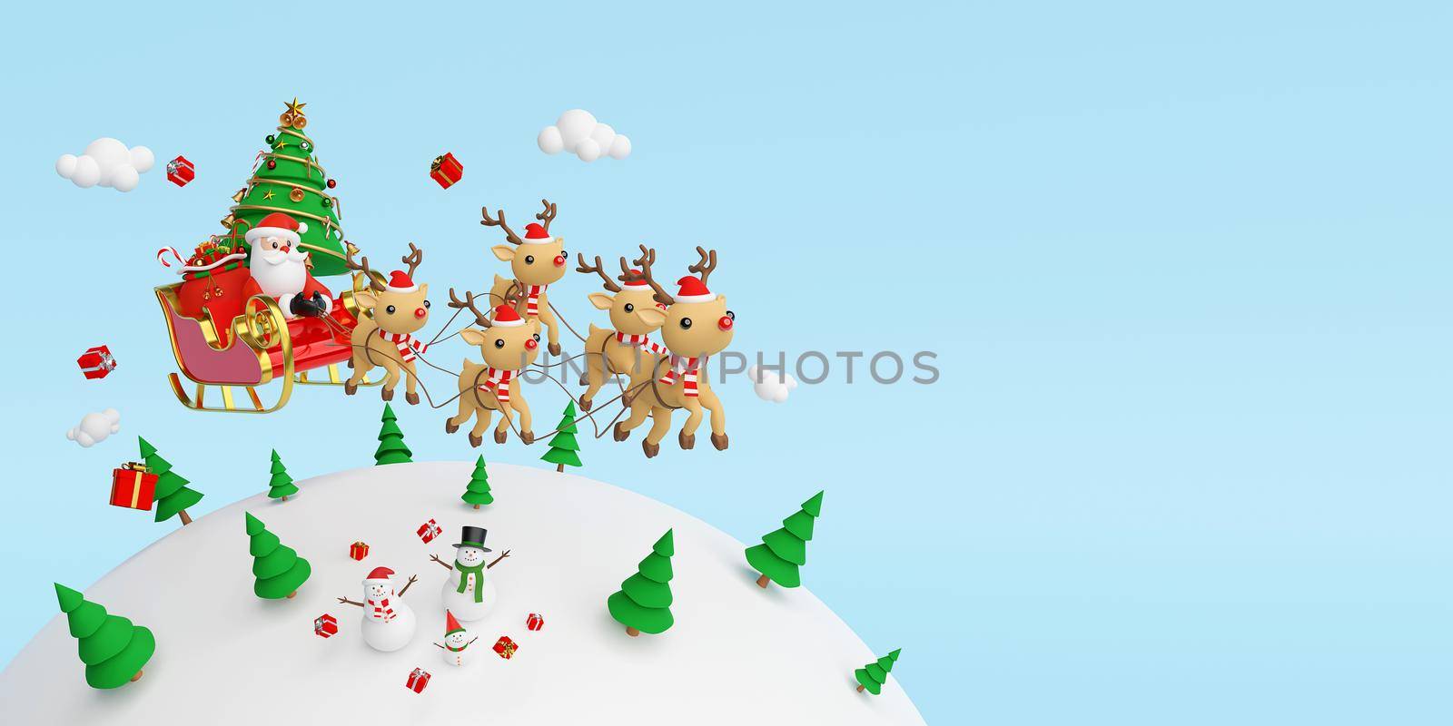 Scene of Santa Claus on a sleigh full of Christmas gifts and pulled by reindeer, 3d rendering
