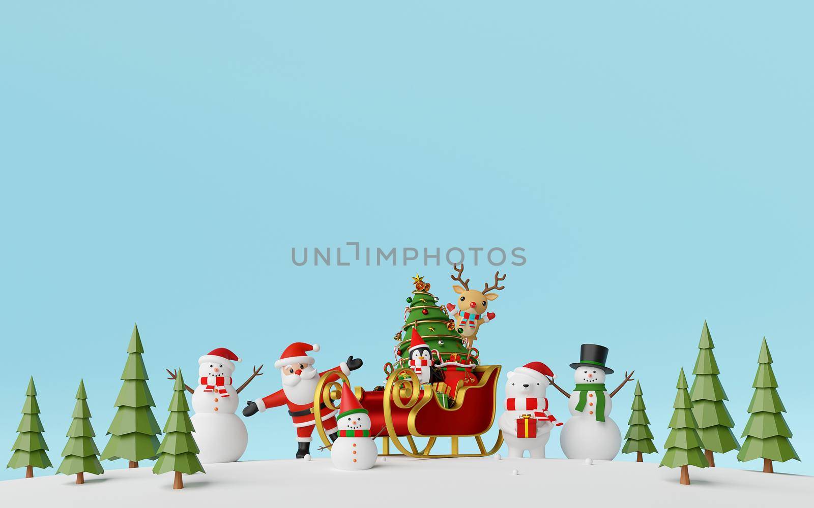 Merry Christmas and Happy New Year, Santa Claus and friends with sleigh full of gifts in pine forest, 3d rendering