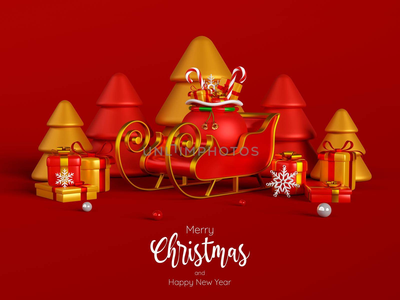 Sleigh and Christmas gifts with Xmas tree on a red background, 3d illustration by nutzchotwarut
