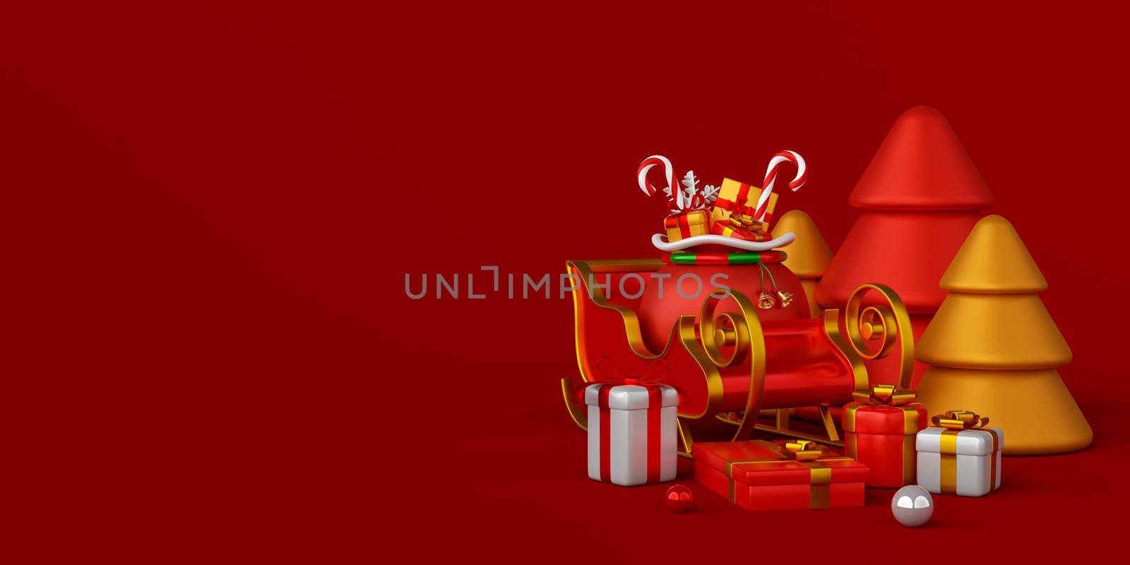 Christmas banner of sleigh with Christmas gift, 3d illustration