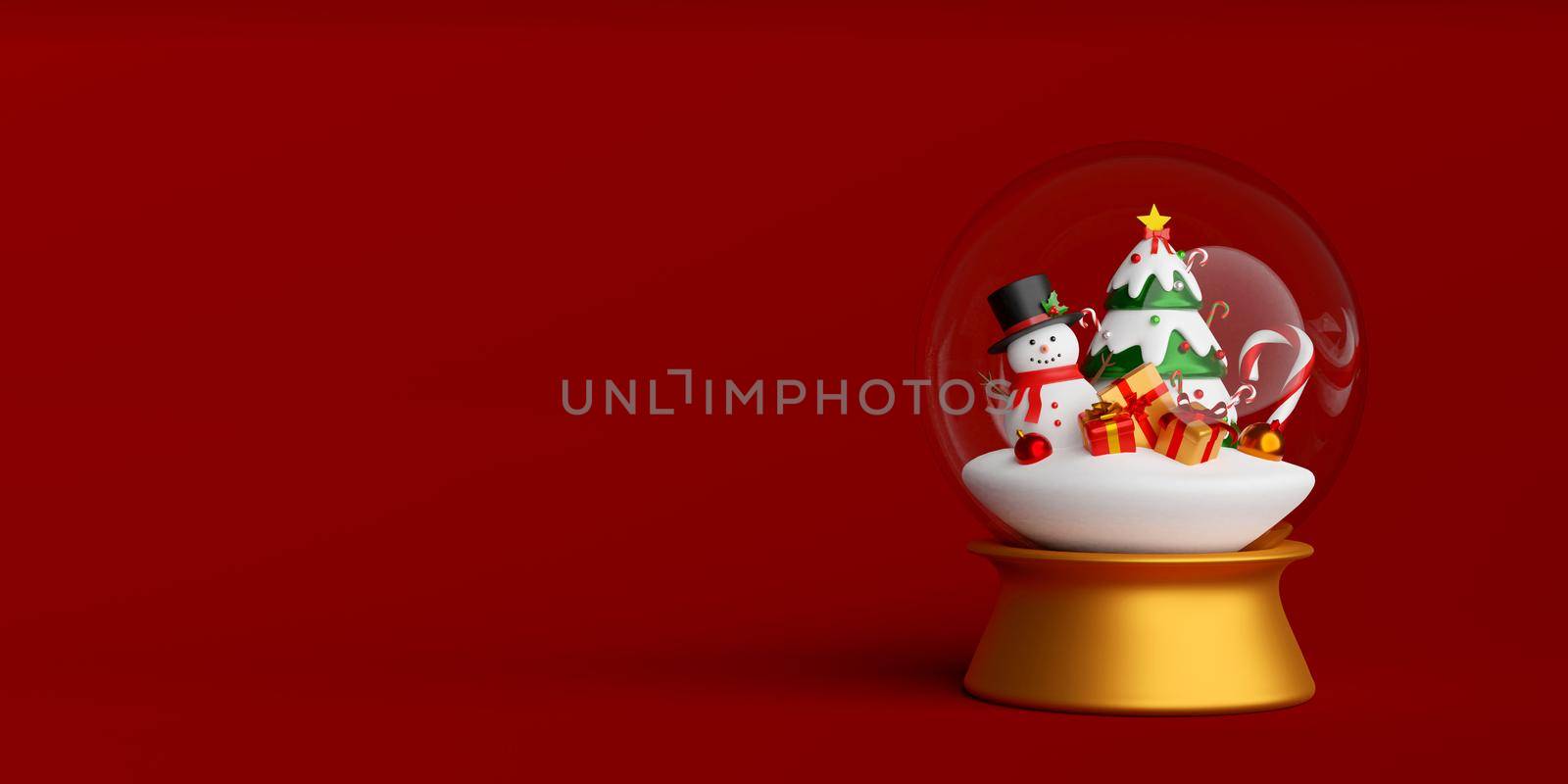 Snowman and Christmas gift and tree in Christmas globe, 3d illustration