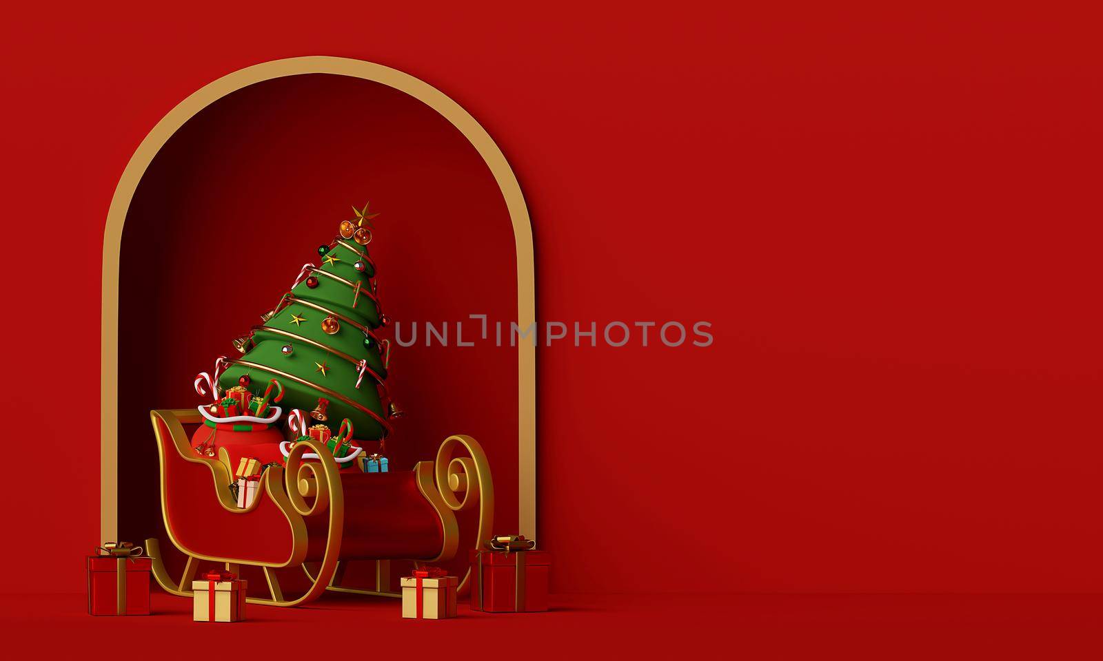 Merry Christmas and Happy New Year, Santa Claus sleigh with Christmas tree full of gift box, 3d rendering by nutzchotwarut