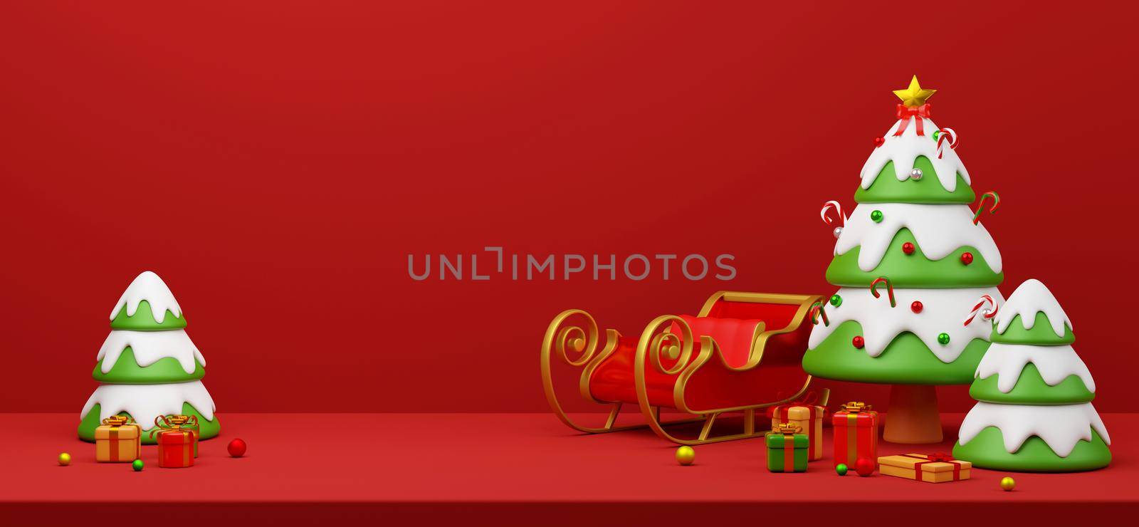 Christmas banner postcard scene of Christmas tree with sleigh and presents, 3d illustration