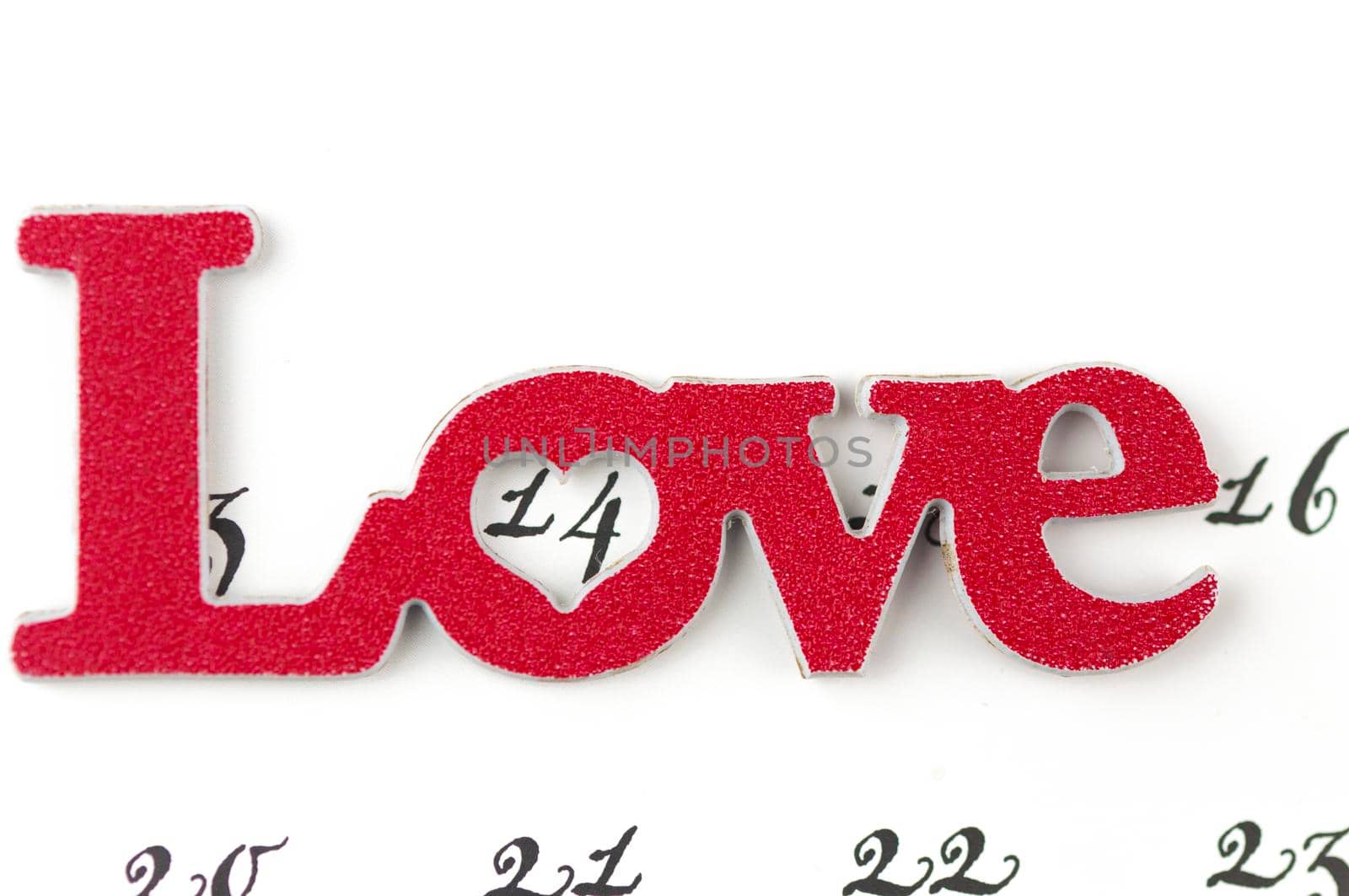 Calendar page with the red hearts on February 14 of Saint Valentines day.