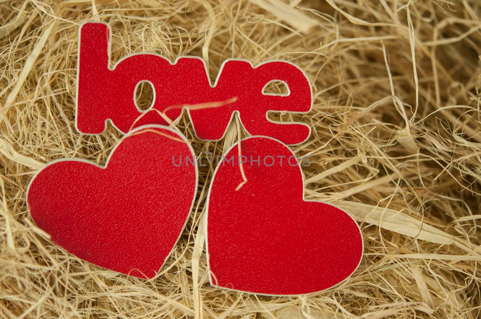 Dry yellow straw grass background texture after havest with two hearts. Top view, copy space.