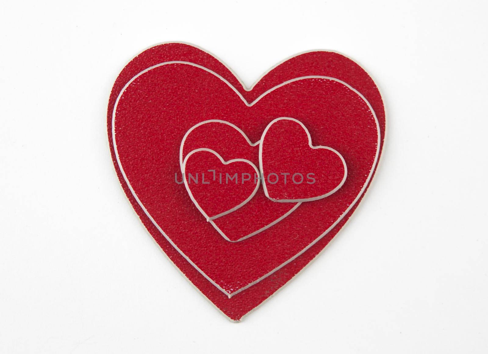 Valentine day background with red hearts on white background, top view