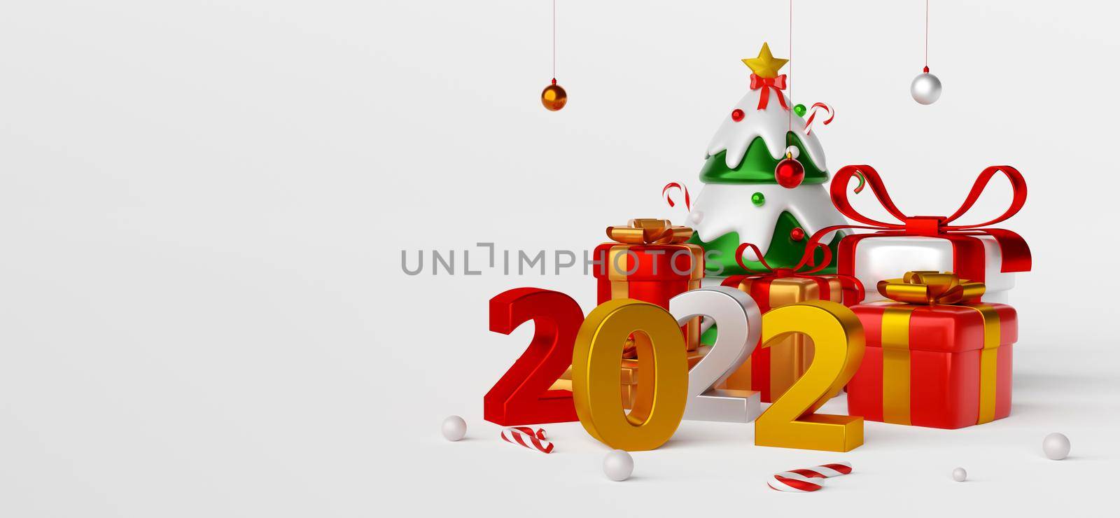 Christmas tree with presents alphabet 2022, Merry Christmas, 3d illustration