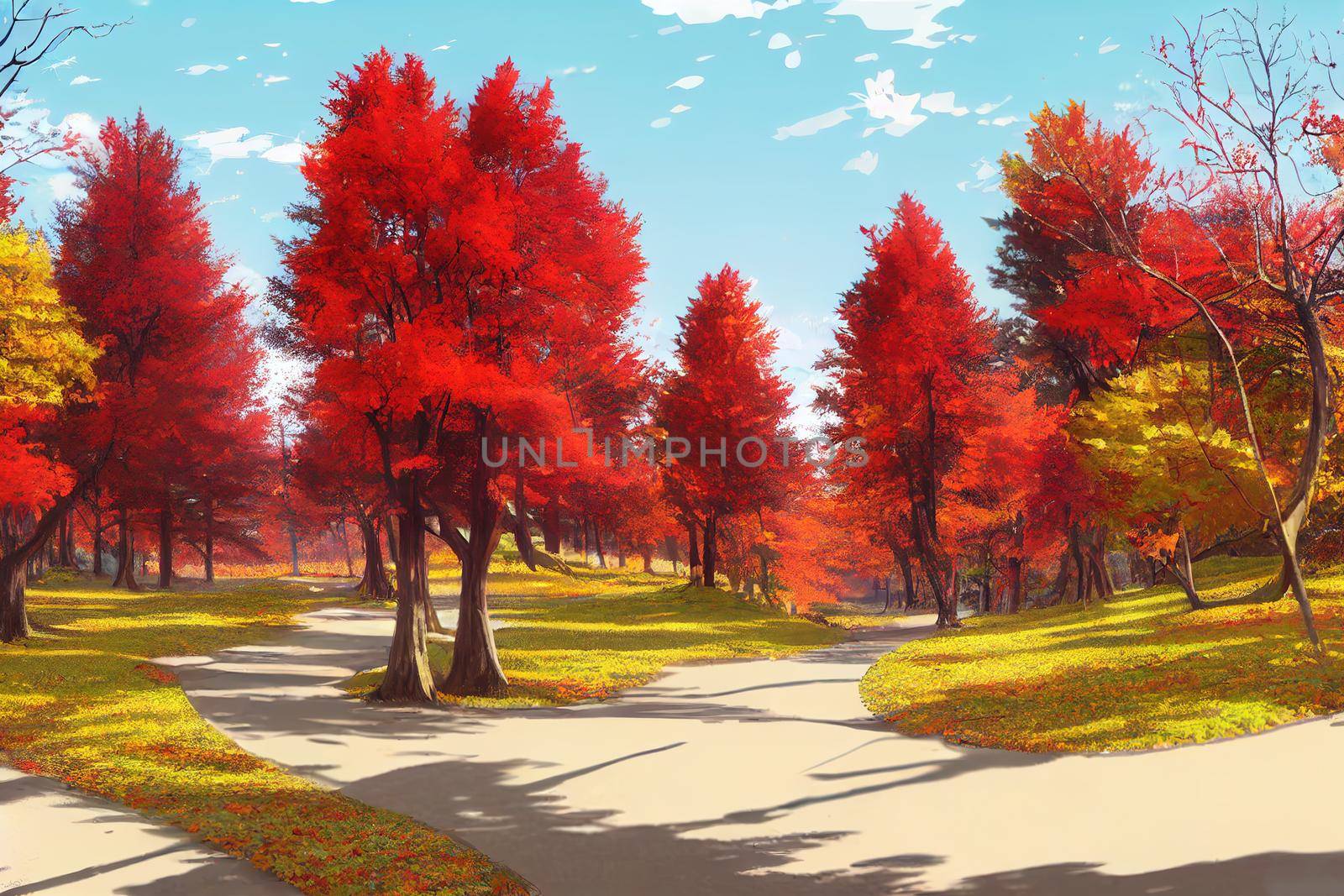 anime style, Autumn scene of red maple trees in forest park 2d by 2ragon