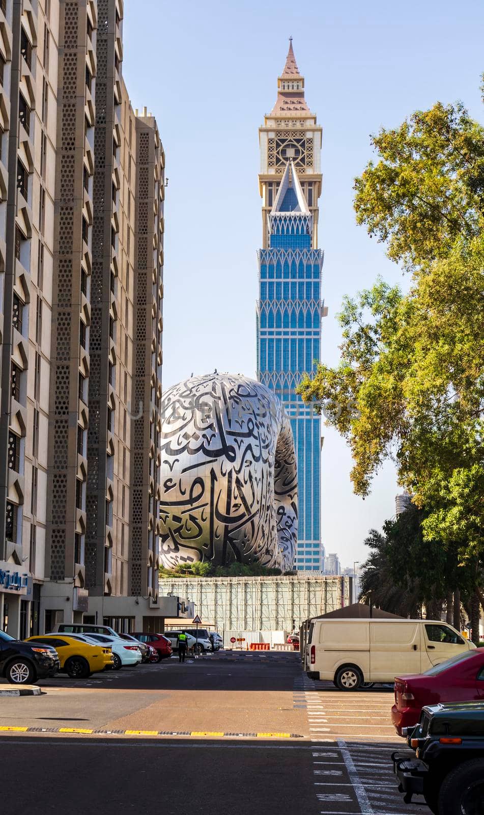 Dubai, UAE - 10.04.2021 Modern buildings and famous landmarks along Sheikh Zayed road