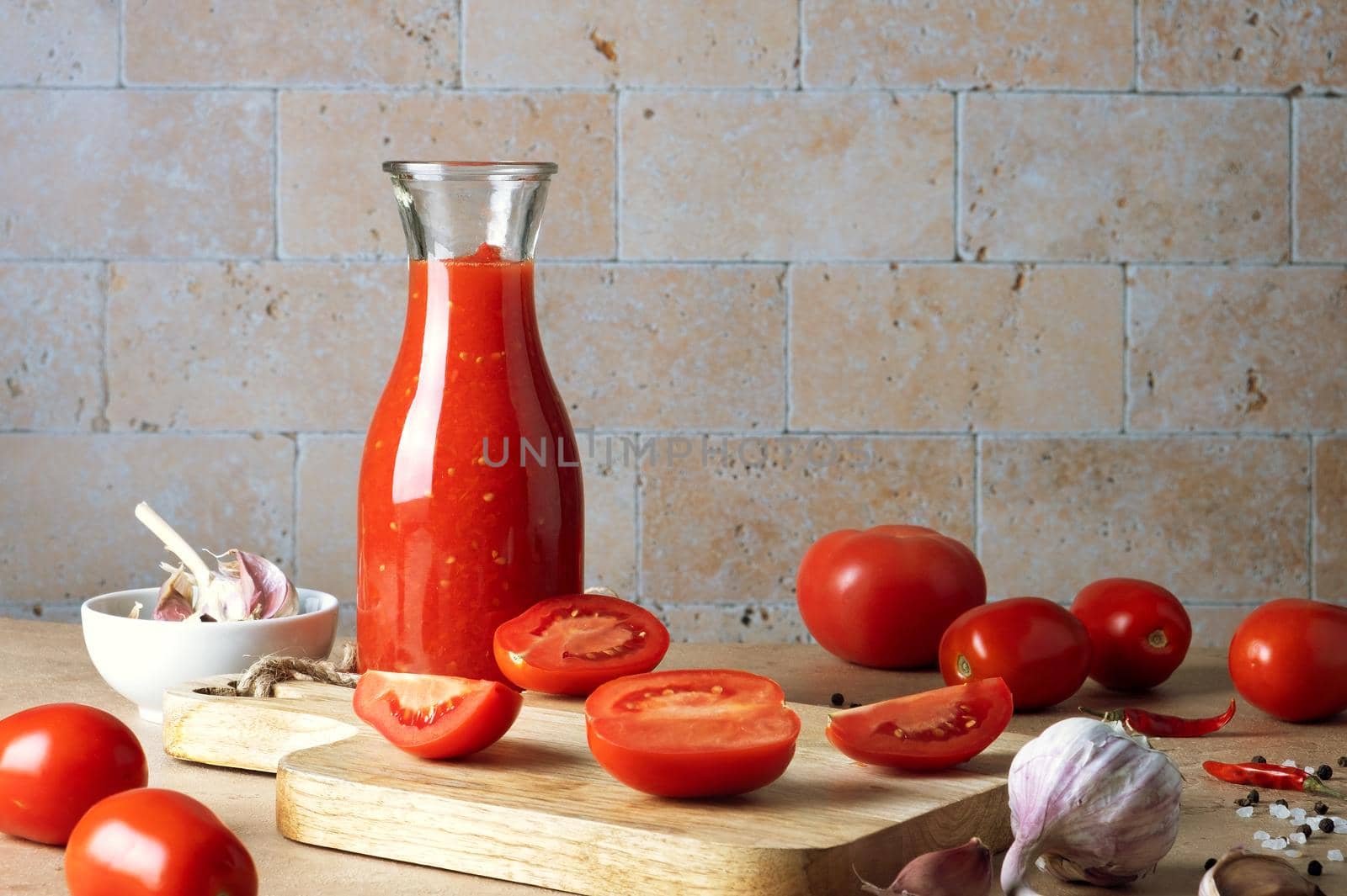 Ingredients for making homemade tomato sauce. Selective focus.