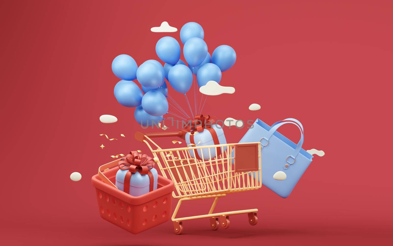 Shopping cart with gift boxes, 3d rendering. Computer digital drawing.