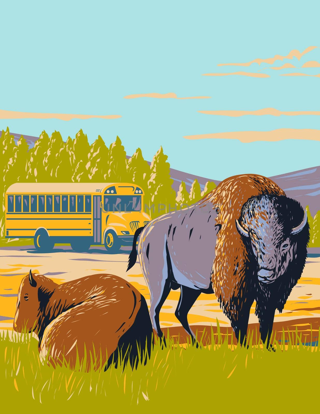 Wildlife Bus Tour and Bison in the Prairie of Yellowstone National Park Wyoming WPA Poster Art by patrimonio