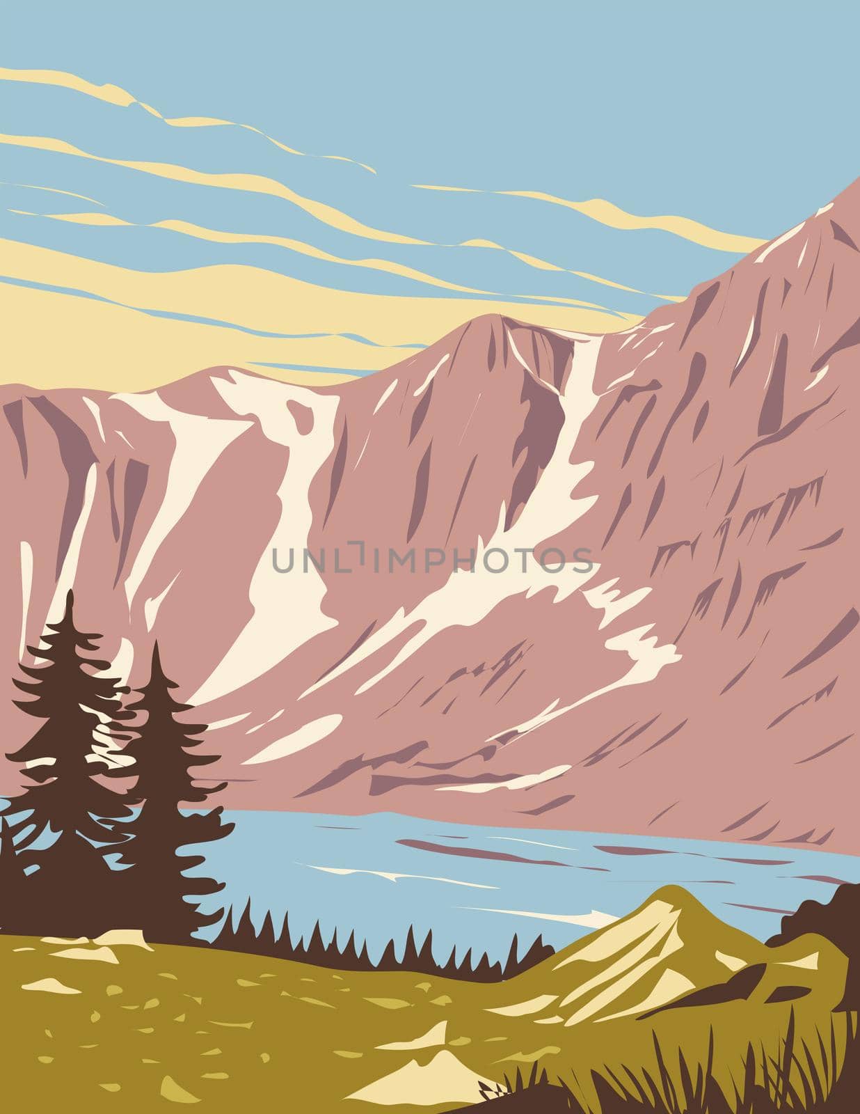 WPA poster art of Medicine Bow-Routt National Forest in the states of Wyoming and Colorado, United States USA done in works project administration style or federal art project style.