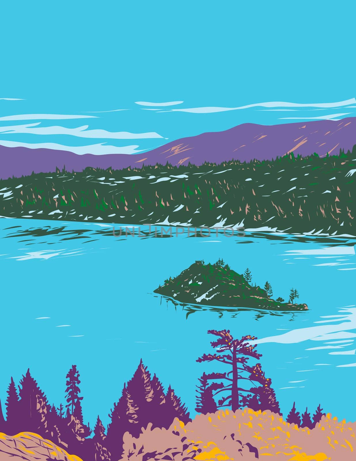 Fannette Island in Lake Tahoe within Emerald Bay State Park California WPA Poster Art by patrimonio