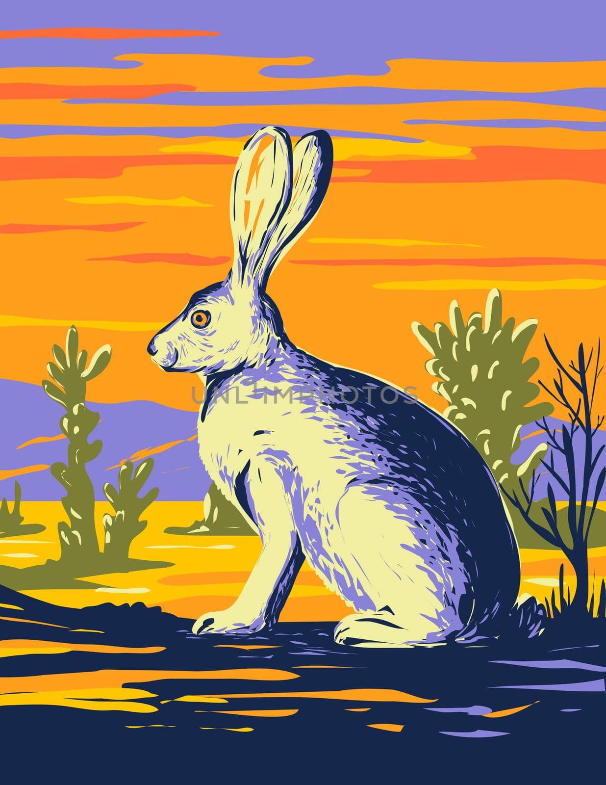 WPA poster art of an American desert hare or black-tailed jackrabbit in Joshua Tree National Park in the Mojave Desert, California, United States USA done in works project administration style.
