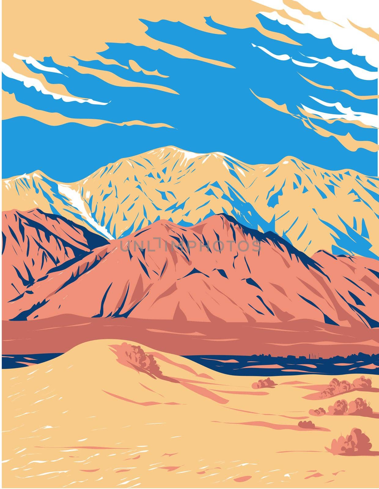 WPA poster art of Olancha Peak on the Tulare-Inyo county line in the South Sierra Wilderness located in Sierra Nevada of California, United States USA done in works project administration style.
